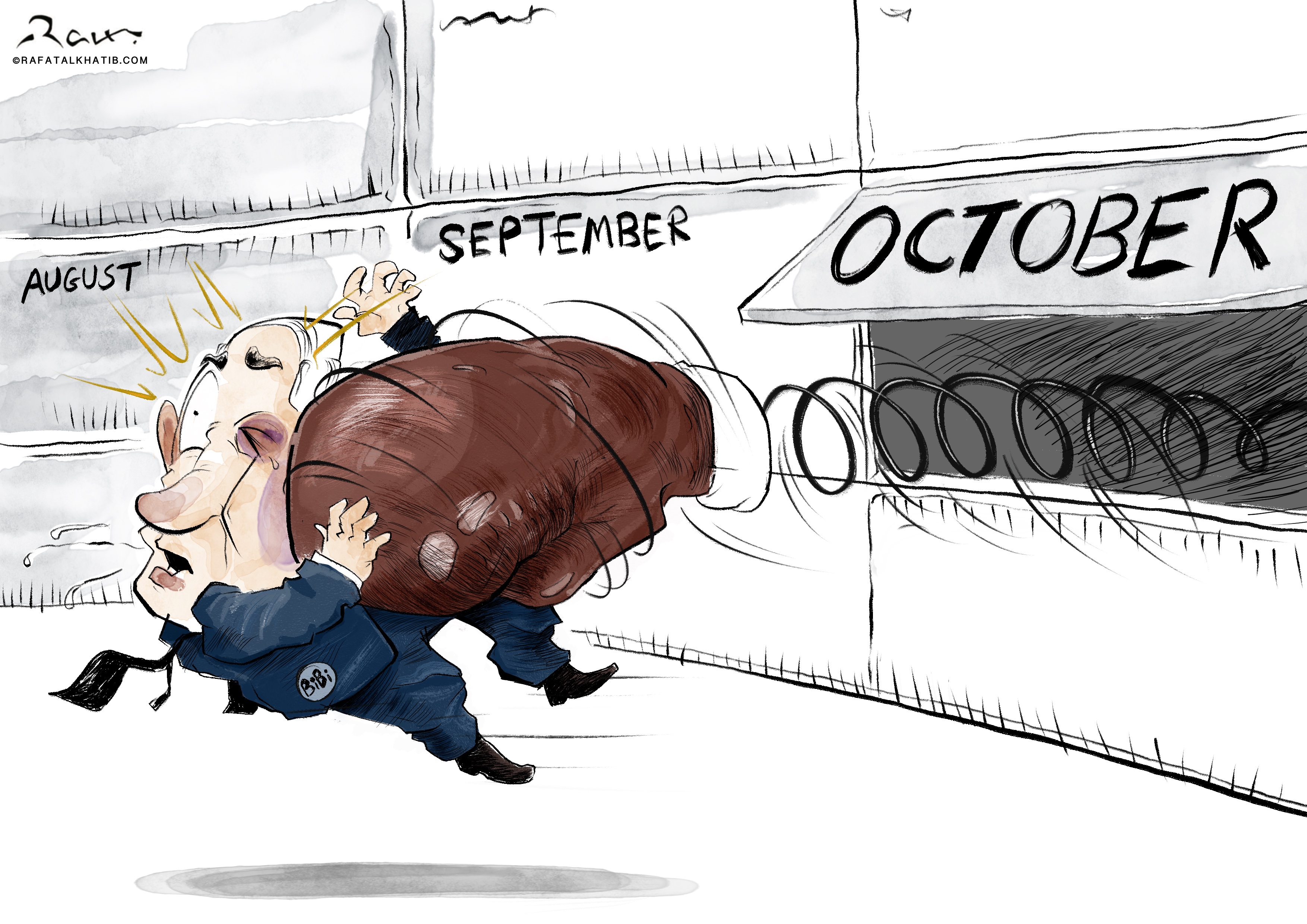 Political cartoon showing Israeli Prime Minister Benjamin Netanyahu being knocked forward by a massive punch, symbolizing Iran’s unexpected attack. The illustration uses dark humor to comment on the repeated misfortunes Israel has faced in October, with a focus on the current conflict.