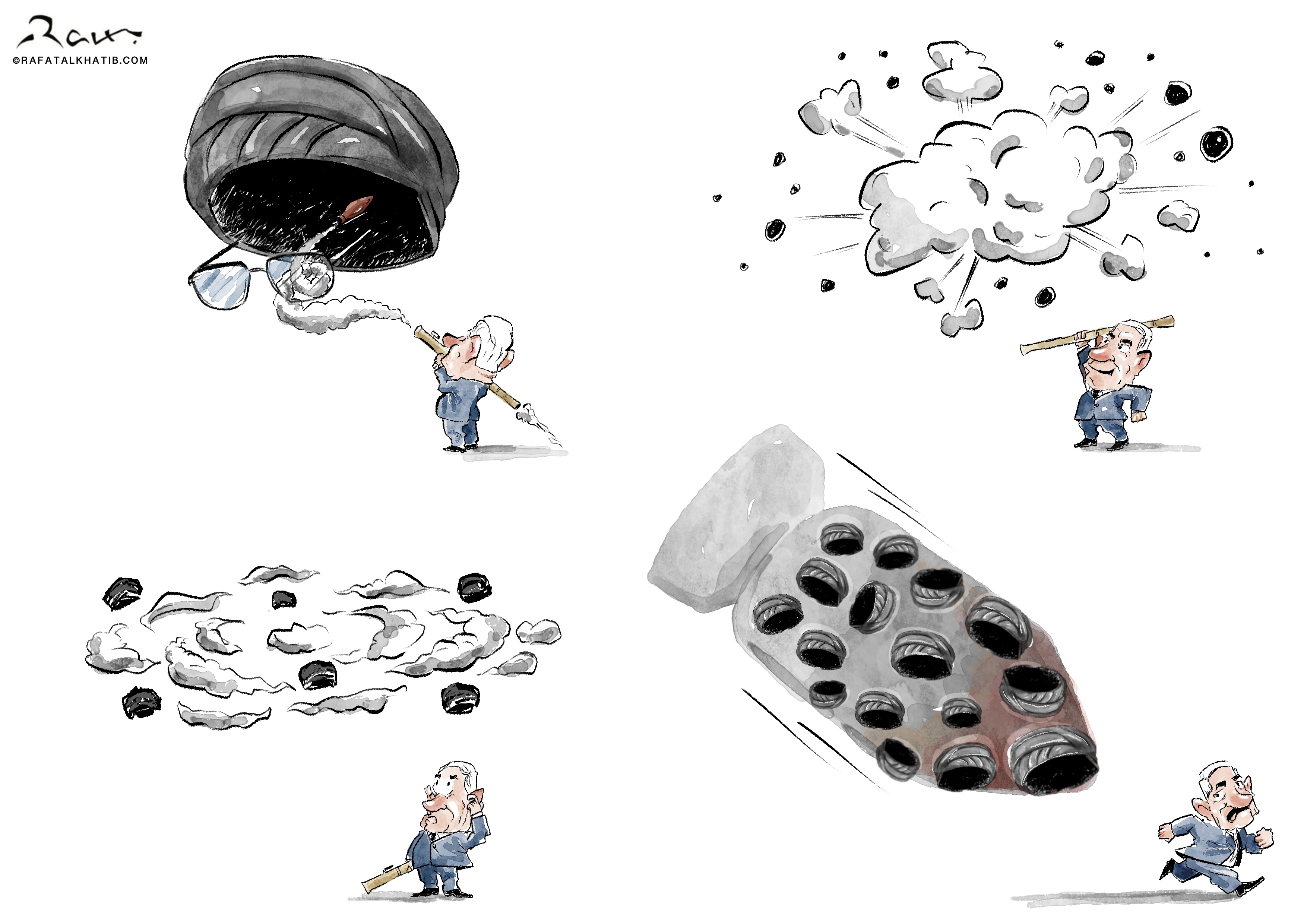 Political cartoon depicting Israeli Prime Minister Netanyahu aiming an RPG at Hassan Nasrallah’s large turban, which divides into multiple rocket-shaped turbans after the attack. The illustration critiques the unintended consequences of escalating conflict, symbolizing how aggression can lead to greater threats.