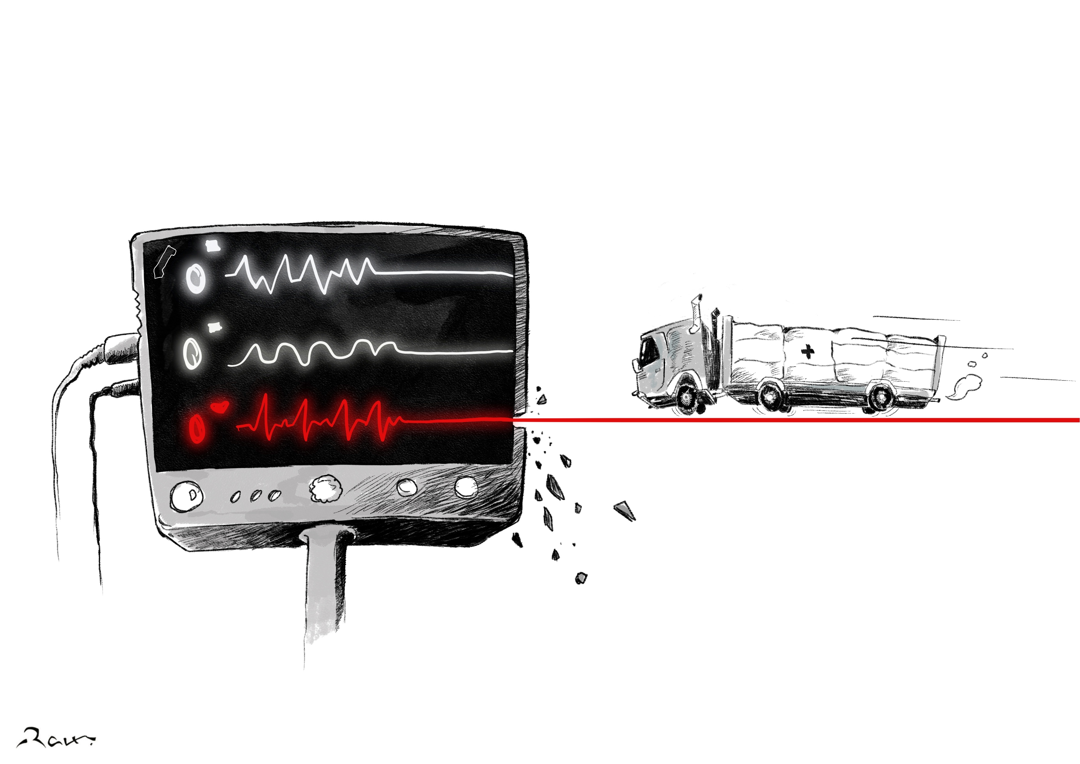 Political cartoon by Rafat Alkhatib, “Urgent Aid to Gaza”, 25 November 2023.