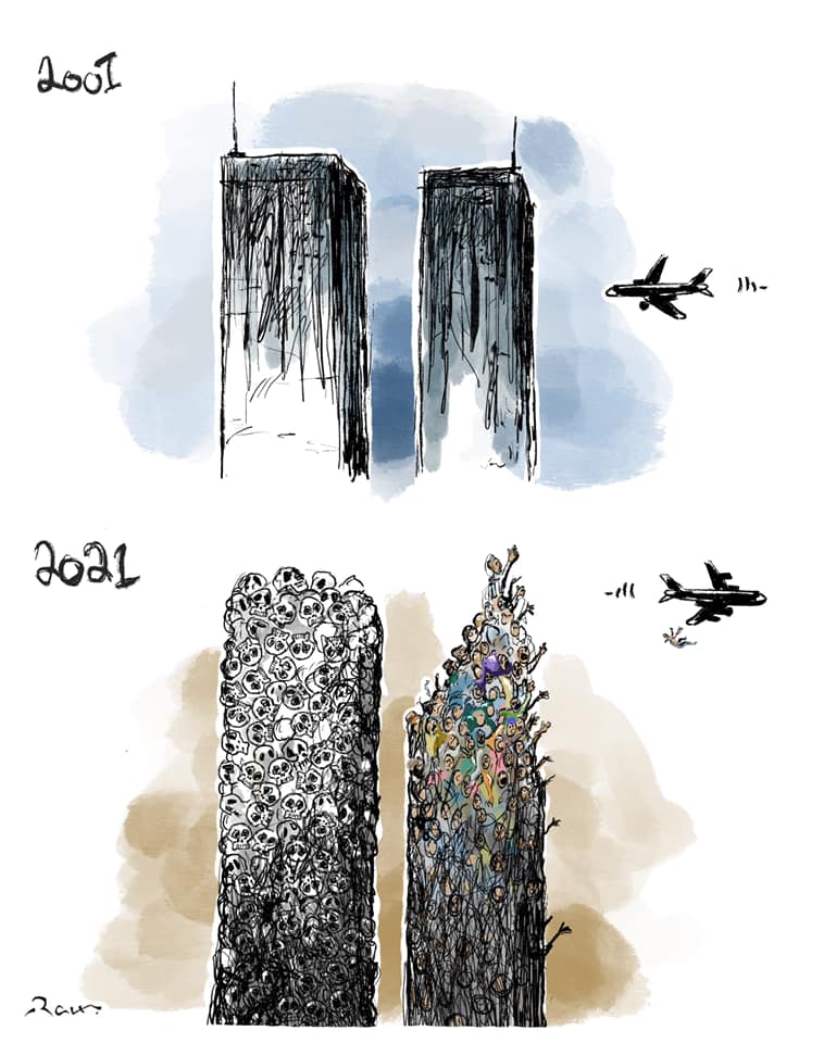 Political cartoon by Rafat Alkhatib, “US military left Afghanistan”, 16 August 2021.