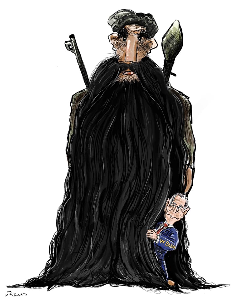 Political cartoon by Rafat Alkhatib, “US military left Afghanistan 2”, 22 August 2021.
