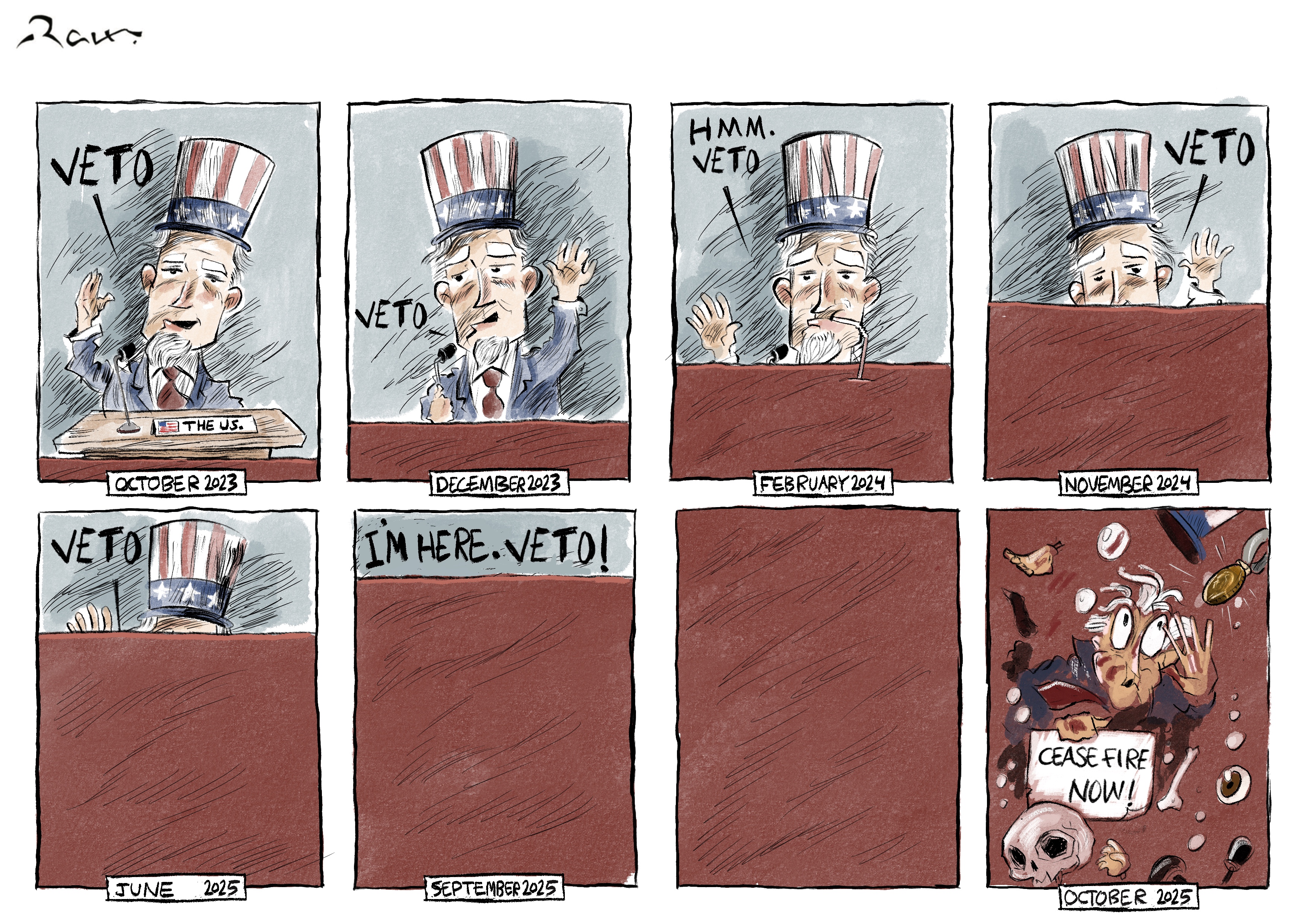 Political cartoon by Rafat Alkhatib, “Veto-Nobel”, 11 October 2025.