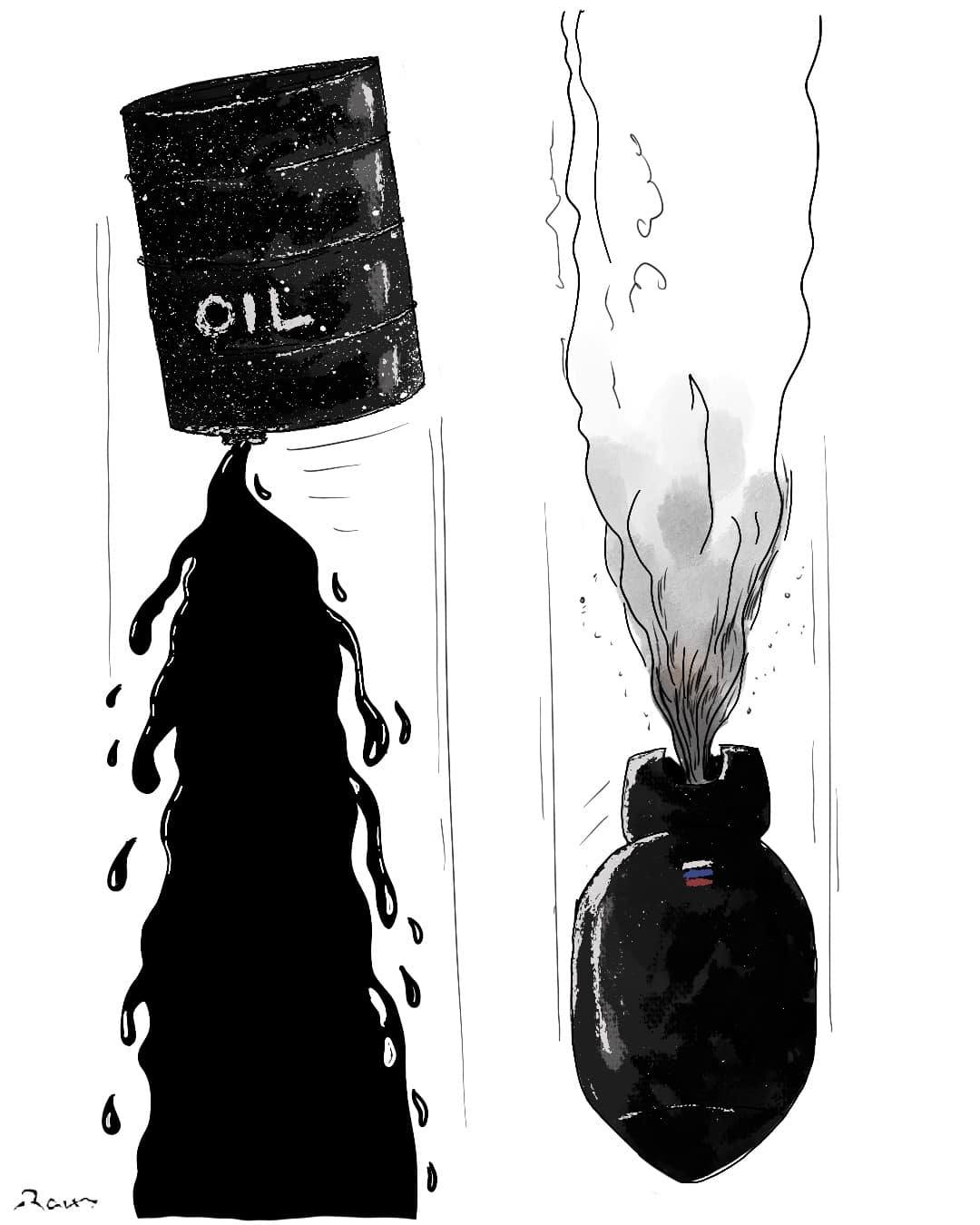Political cartoon by Rafat Alkhatib, “War and Oil”, 24 February 2022.