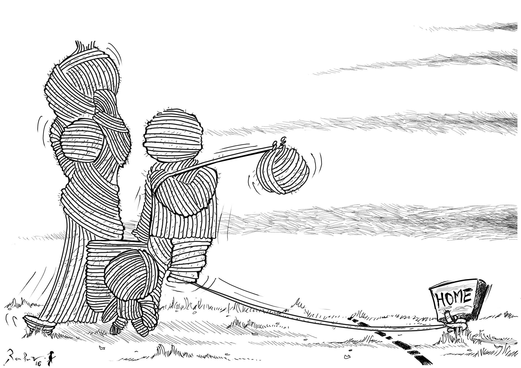 Political cartoon by Rafat Alkhatib, “We will be Back”, 30 March 2016.