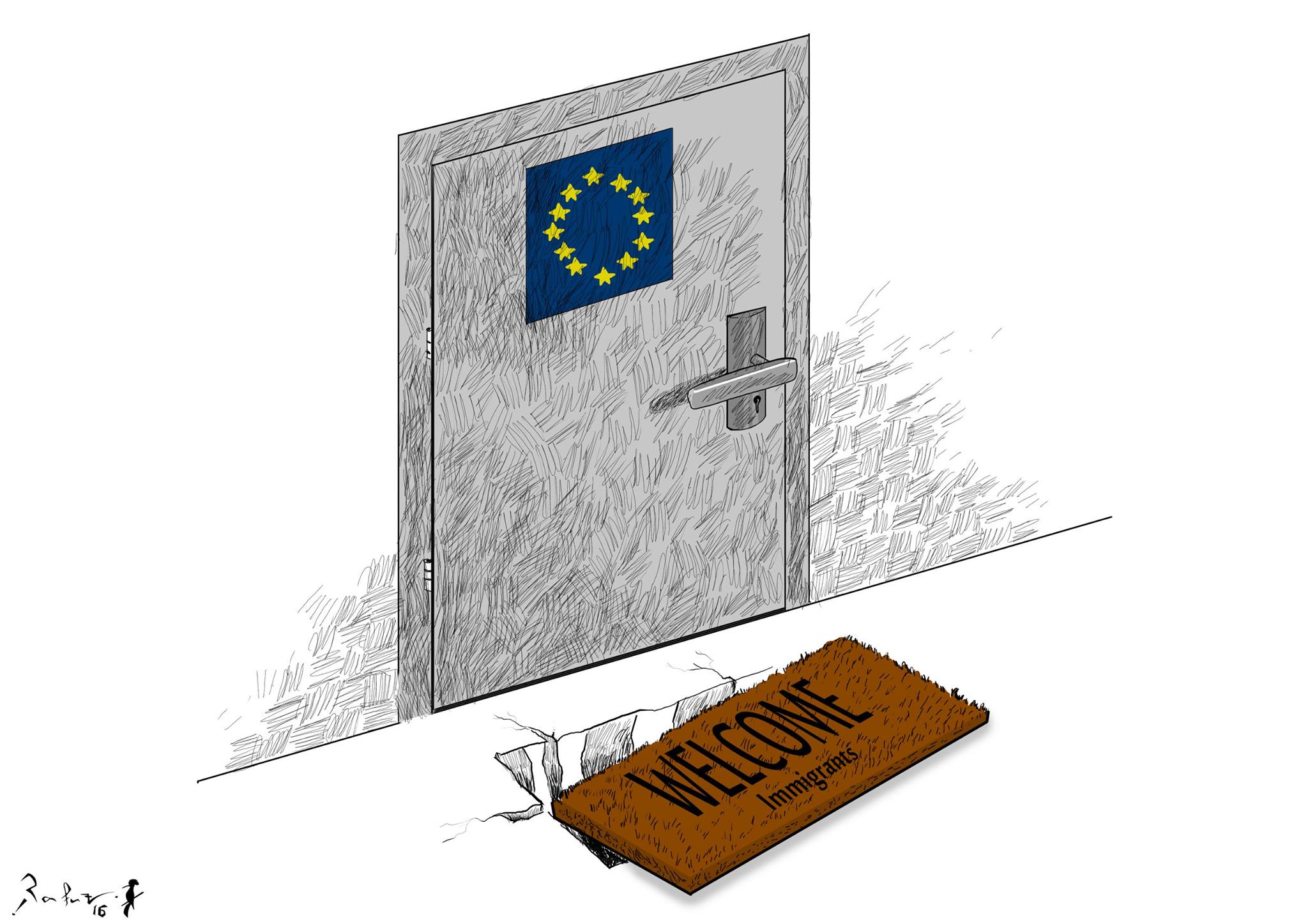 Political cartoon by Rafat Alkhatib, “Welcome Refugees”, 6 March 2016.