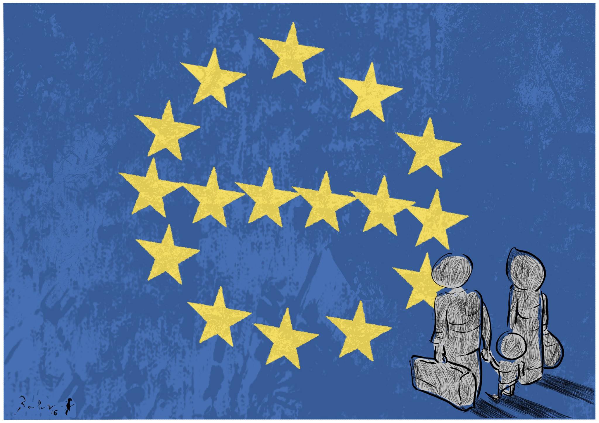 Political cartoon by Rafat Alkhatib, “Welcome to Europe”, 10 March 2016.