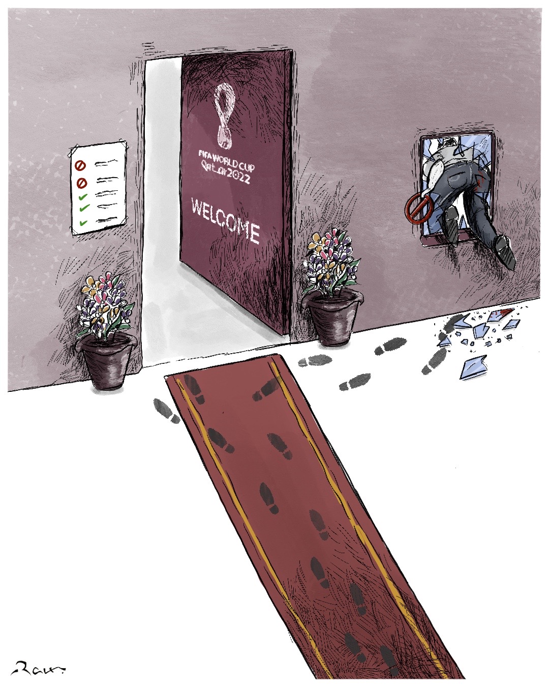 Political cartoon by Rafat Alkhatib, “Welcome to Qatar”, 24 November 2022.