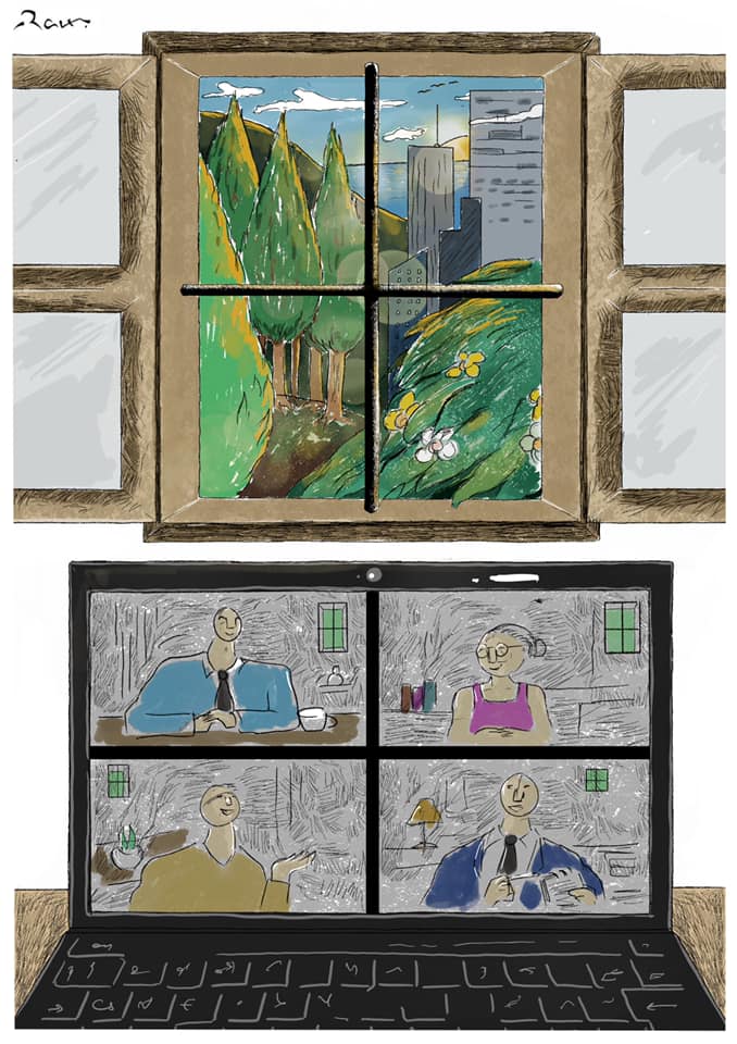 Political cartoon by Rafat Alkhatib, “Work from home!”, 3 December 2020.