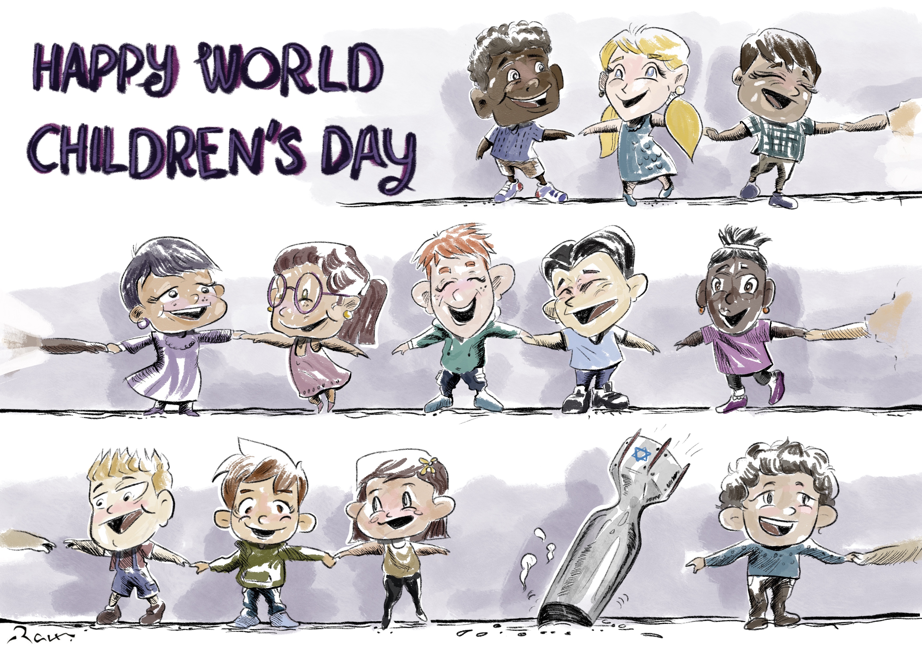 Political cartoon by Rafat Alkhatib, “World Children’s Day”, 20 November 2023.