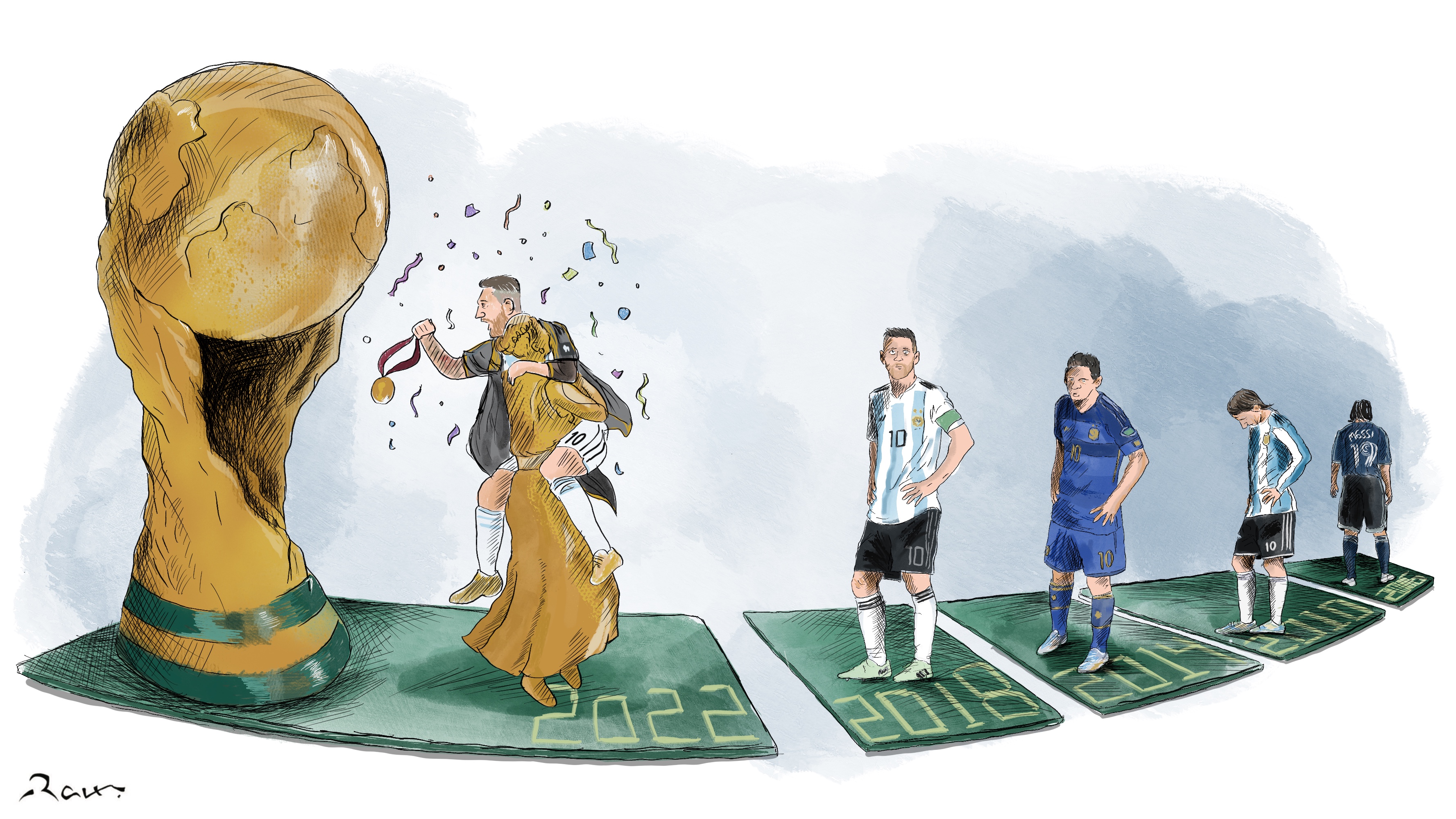 Political cartoon by Rafat Alkhatib, “World Cup won Messi”, 18 December 2022.