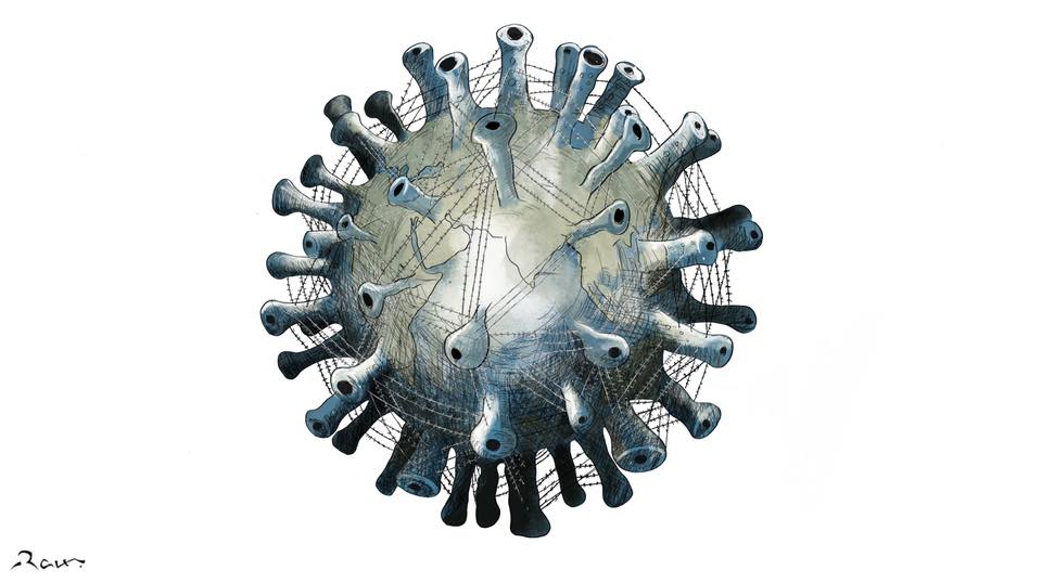 Political cartoon by Rafat Alkhatib, “World under Covid”, 17 March 2020.